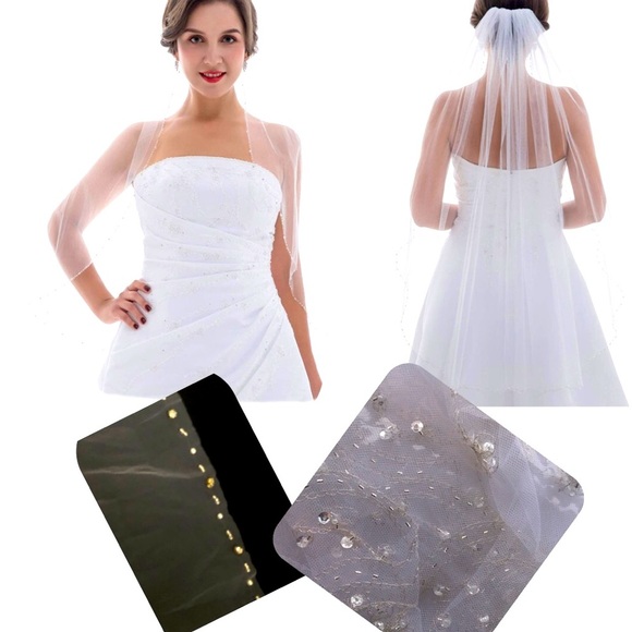 Veil Crystals Beaded white Veil Bride Veil - Picture 1 of 11